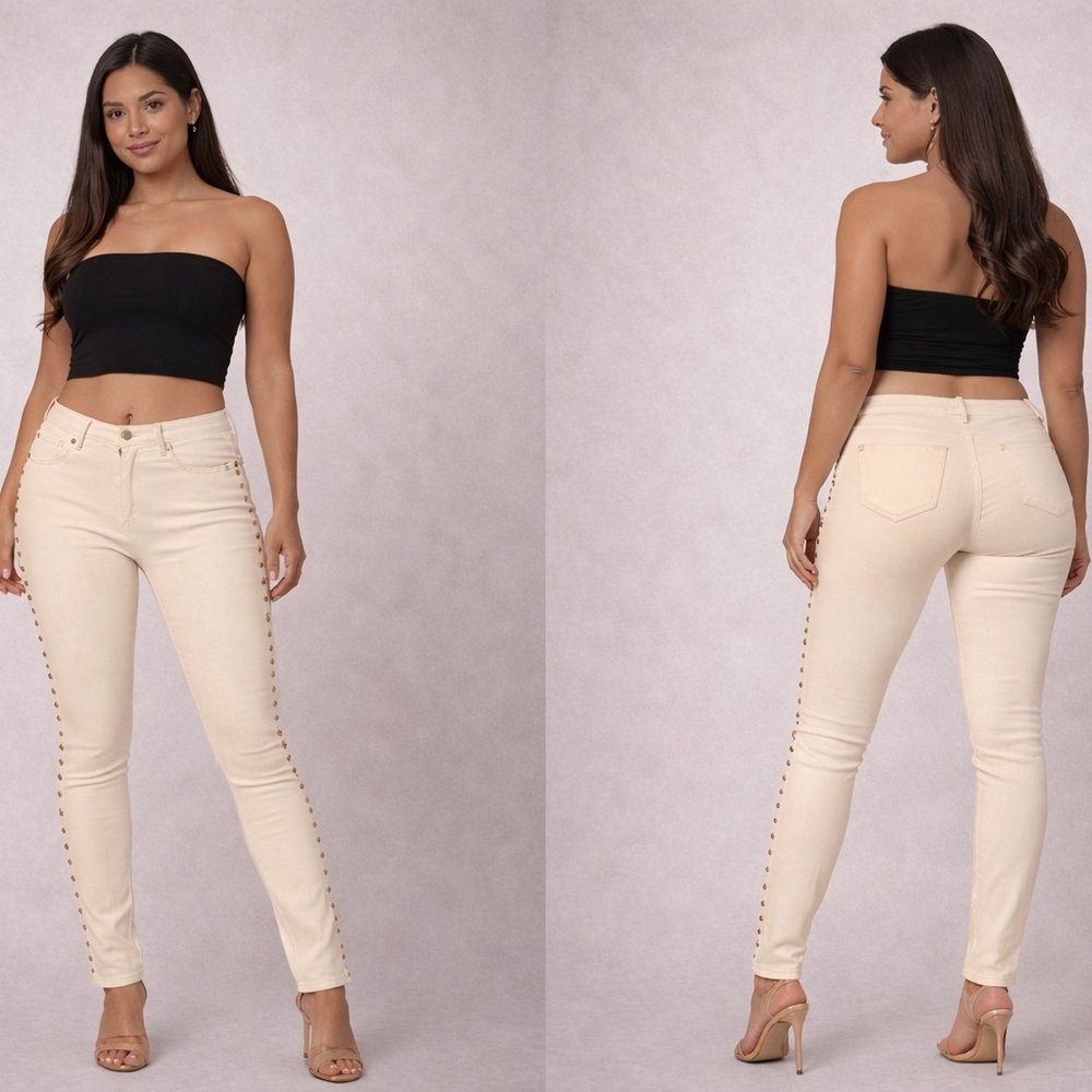 Forever 21 Cream Jeans with gold buttons down the legs